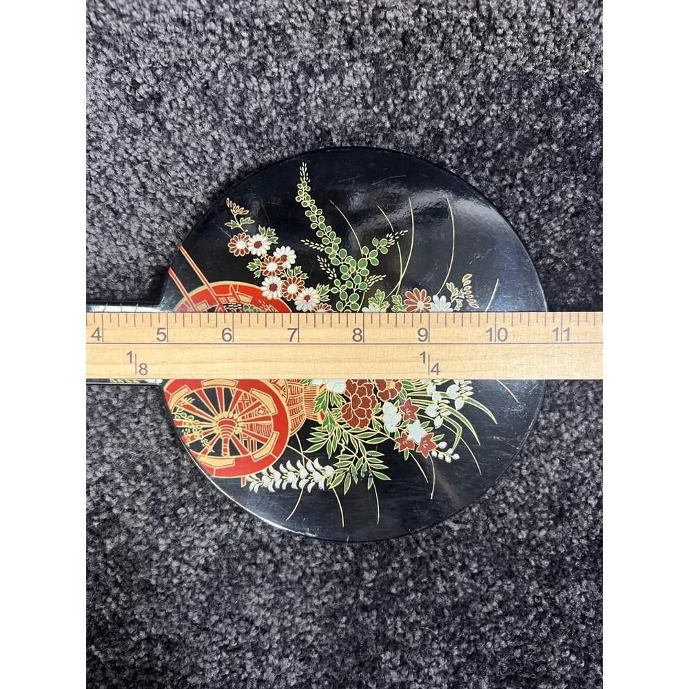 Vtg Japanese Black Handheld Mirror Floral Design Orange Wheels Decorative Accent